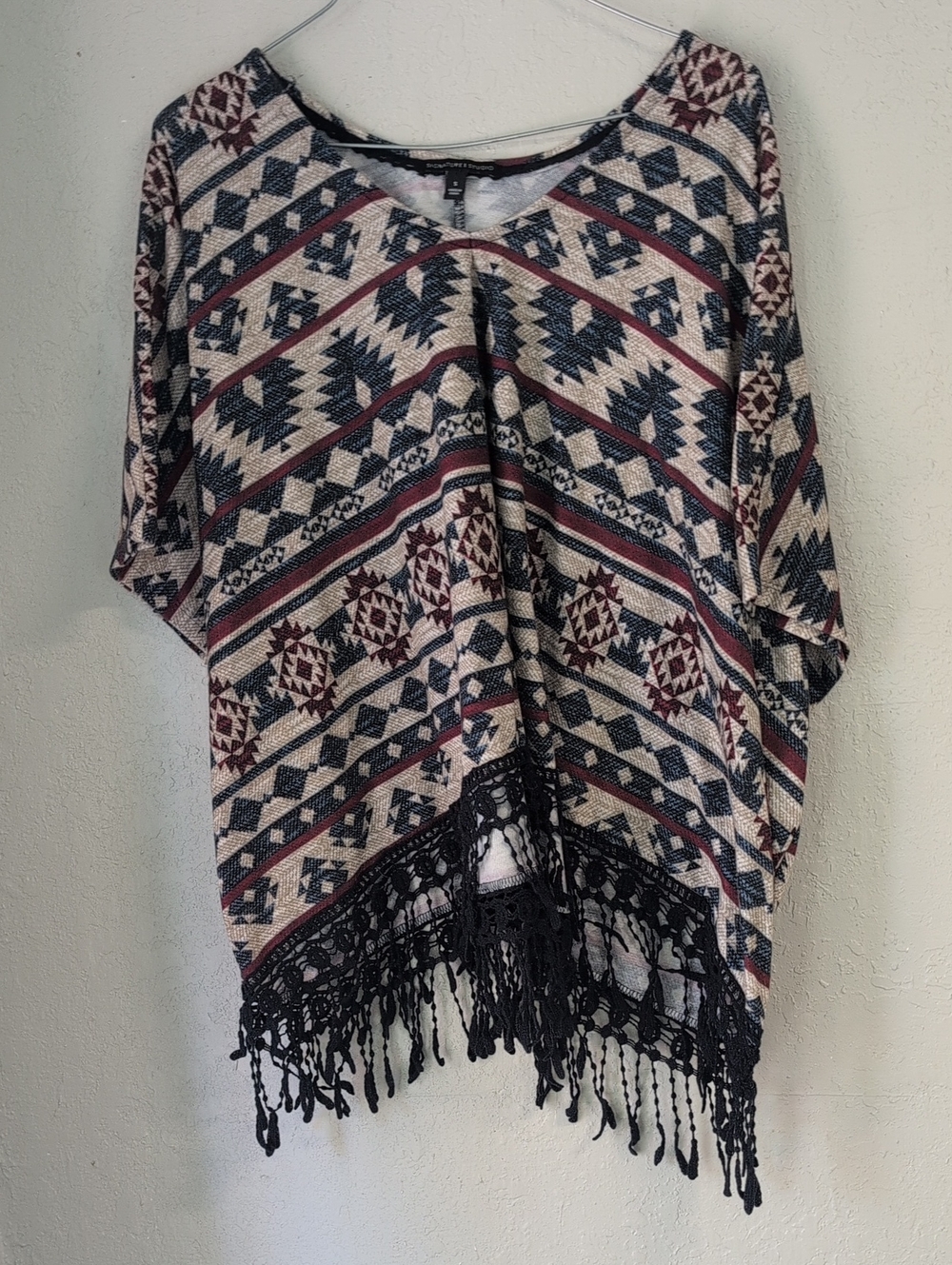Boho Fringe Top S Aztec Festival Cottagecore Boxy Oversize Poncho Tassel Batwing